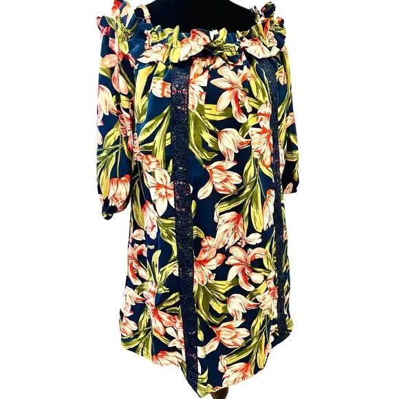 Blu Pepper Cold Shoulder Floral Dress Size M Tropical Off Shoulder Dress - Picture 6 of 17